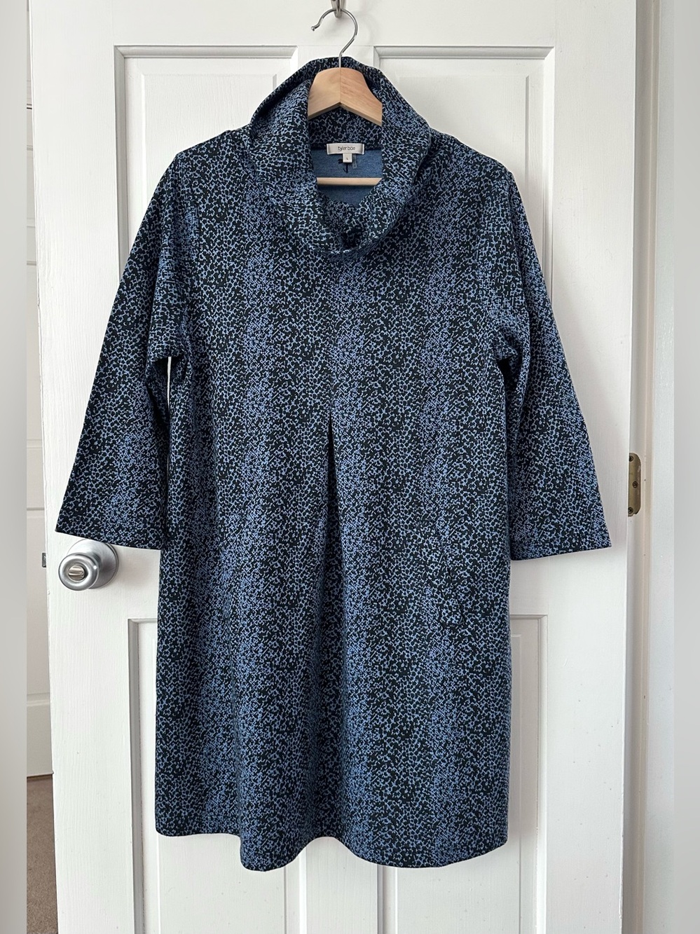Tyler Boe Kim Cowl Neck Tunic Dress Blue Black Pockets Lagenlook Size L